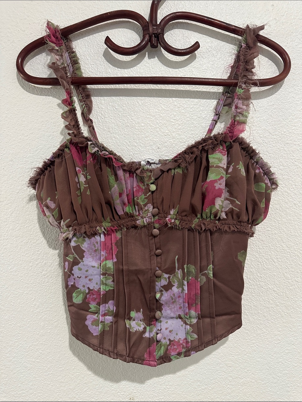 NWT! KIMCHI BLUE Brown Floral Satin & Chiffon Button-Front Corset Tank, Medium